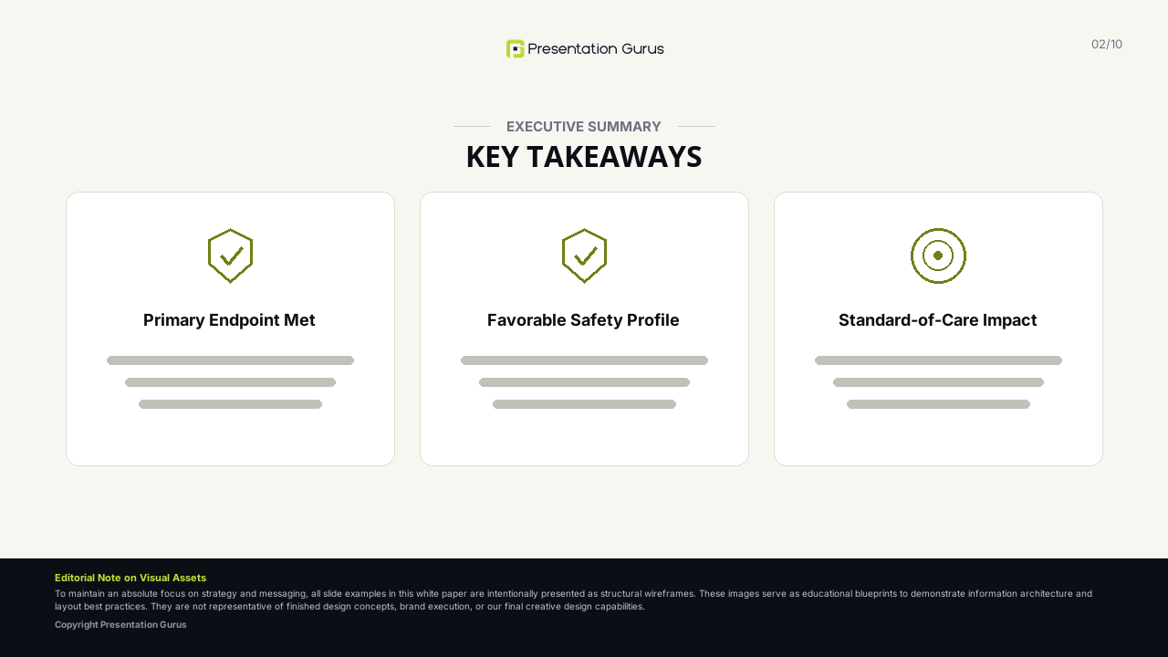 Wireframe example of a "one key takeaway per slide" executive summary layout